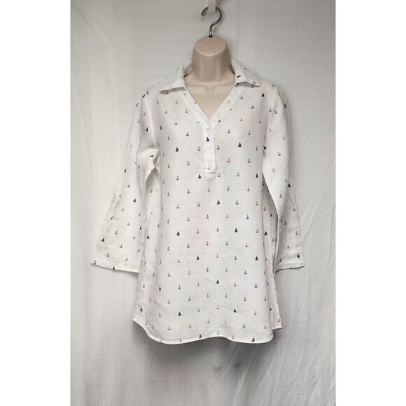 Cynthia Rowley Womens Sailboat Anchors Linen Tunic Blouse Multi-White Size Small - Picture 2 of 9